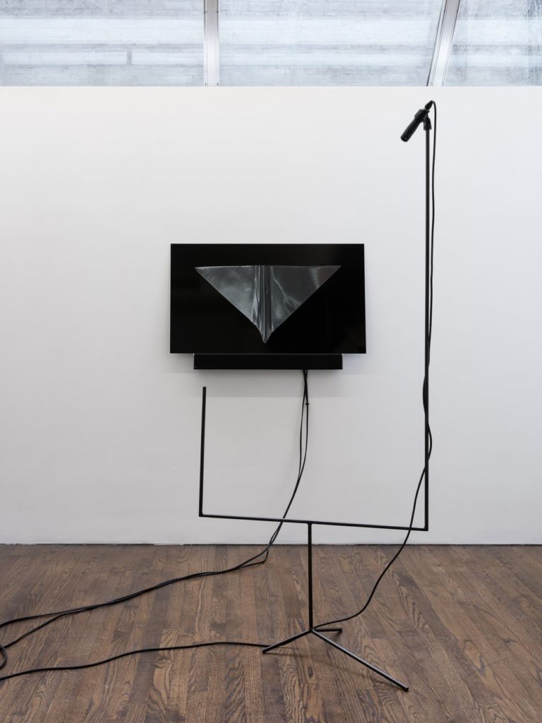 Music Stands, 2019, steel, UV prints on Dibond, foam, audio components, computer, sound. Installation view at The Artists Institute