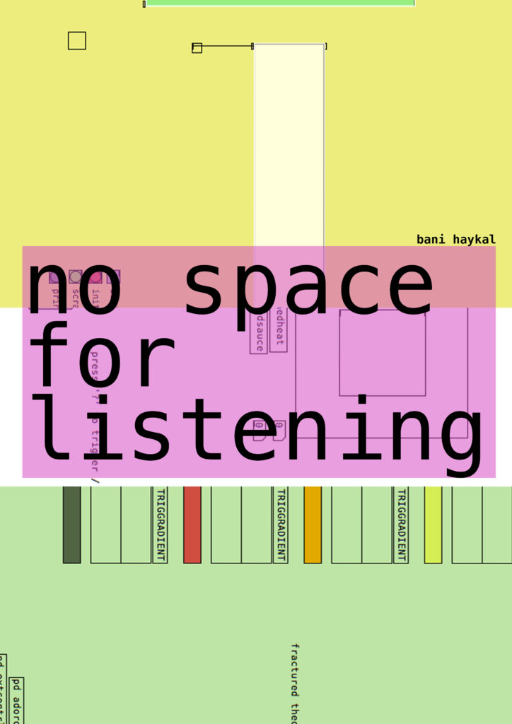 no space for listening//a sort of monograph on how else music could be made / experienced. a (sort of) monograph on the works & practice of bani haykal. 2012-2019. Edition of 50.